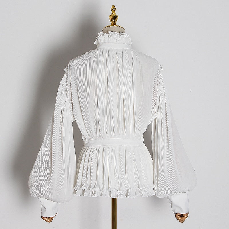 Women Chiffon Blouse Stand Collar Lantern Sleeve High Waist Tunic Pleated Shirt