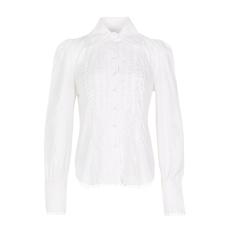 Women White Blouse Lace Trim Hollow Out Shirt Blusas High Street