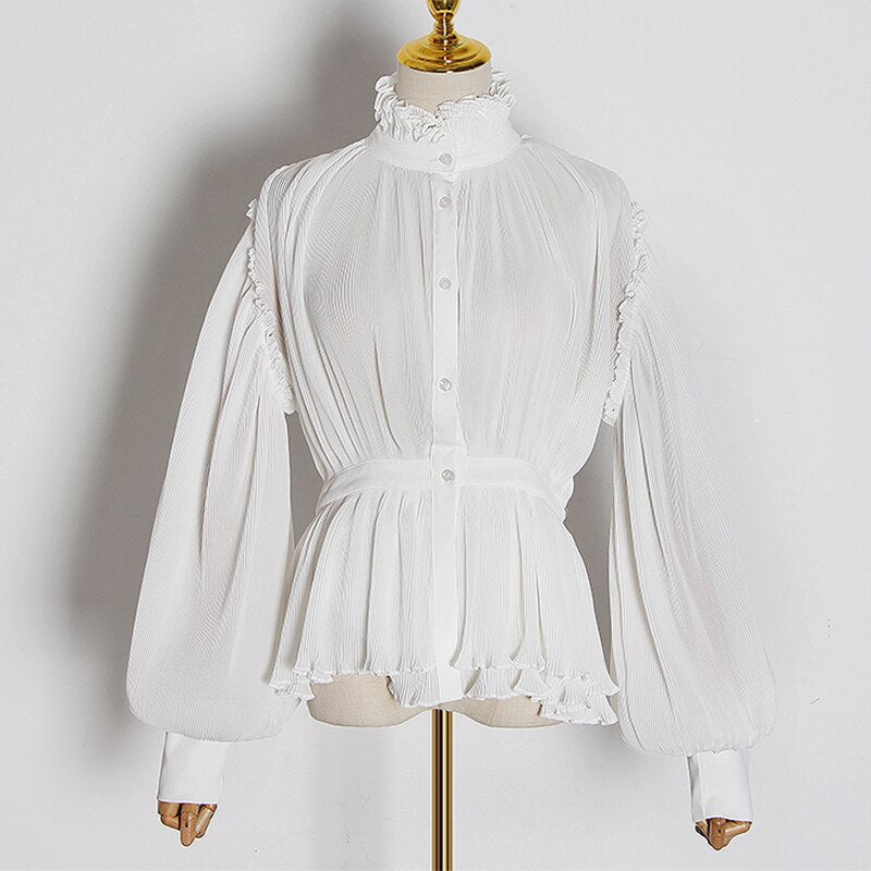 Women Chiffon Blouse Stand Collar Lantern Sleeve High Waist Tunic Pleated Shirt