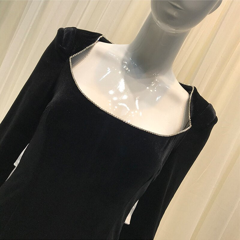 Women Velvet Formal Dress Maxi Spring Autumn Square Collar Bow Backless High Waist Dress